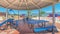 Panorama Octagon pavilion with blue picnic tables and view of lake and Mount Timpanogos