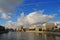 Panorama of Odra River and University library seen from grunwaldzki bridge. Wroclaw, Poland 2018