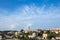 Panorama of the old city of Belgrade with a focus on Saint Michael Cathedral, also known as Saborna Crkva, with iconic clocktower