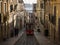 Panorama of old historic yellow street cable car funicular Ascensor da Bica Elevador lift railway tram Lisbon Portugal