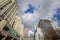 Panorama of old stone skyscrapers and high rise office towers in Montreal dowtown, on Place Victoria Square