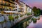 Panorama of old town Ljubljana, Slovenia, with Ljubljanica river in sunset