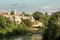 Panorama of the old town of Mostar, Bosnia and Herzegovina, with a focus on Neretva river and ottoman buildings and Mosque Minaret