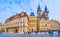 Panorama of Old Town Square with Stone Bell House, Tynsky Church and National Gallery, Prague, Czech Republic