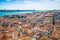 Panorama of old traditional city of Lisbon with red roofs.