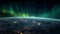 Panorama of orbit, on which the colorful lights of northern lights are visible, creating a magical heavenly sigh