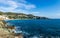 Panorama over the beautiful beach l`Almadrava in the gulf of Rosas, Mediterranean sea, Costa Brava