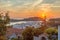 Panorama over the harbor of the Croatian coastal town Vrsar taken from the old town during the sunset