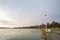 Panorama of Palic Lake, or Palicko Jezero, in Palic, Serbia, with the Velika Terasa, or Grand Terrace main building