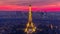 Panorama of Paris after sunset day to night timelapse. Eiffel tower view from montparnasse building in Paris - France