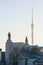 Panorama Pavilion Space and Ostankino television tower at sunset