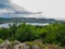 Panorama of the peninsula Tihany, Hungary, country side.Blick on the Benedictine abbey and the crater lake with deep gray