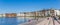 Panorama of people relaxing at the steps of the Pfaffenteich lake in Schwerin