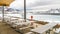 Panorama Picnic pavilion overlooking a snowy winter landscape of lake and mountain