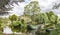 Panorama picture of the boats in a canal in the picturesque village of Drimmelen, Netherlands