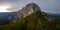 Panorama picture of sunrise over Mangart mountain, Julian Alps, Mangart Pass, Slovenia, Triglav national park, Europe