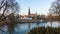 Panorama picture of Ulmer MÃƒÂ¼nster cathedral with river Donau in the morning sun