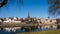 Panorama picture of Ulmer MÃ¼nster cathedral with river Donau in the morning sun