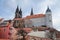 Panorama of picturesque historic city with Castle Albrechtsburg and towers of the medieval gothic cathedral  on hill in sunny