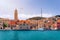 Panorama of picturesque town Pucisca in Croatia, Island Brac, Europe. Pucisca town mediterranean panorama with seagull\'s flying