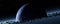 Panorama Planet Pandora surrounded asteroid belt, rings wreckage of destroyed planet. Blue protoplanet in black cosmos space of