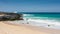 Panorama of Playa de las Conchas beach with blue ocean and white sand. La Graciosa, Lanzarote, Canary Islands, Spain.