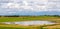 Panorama of polder landscape with farmland and wetlands on Frisian island Texel, Noord-Holland, Netherlands