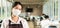 Panorama Portrait of waitress with facemask in New normal restaurant background