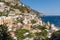 Panorama of Positano with houses climbing up the hill, Campania, Italy