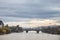 Panorama of Prague, Czech Republic, seen from the Vltava river, also called Moldau, with a focus on Most Legii, or Legion Most