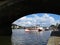 Panorama of Prague Old Historical Castle During Day Seen Under Bridge with Ship, Hradcany, Czech Republic