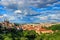 Panorama of Prague from Petrin gardens, Castle and St. Vitus cathedral visible of the left, bridges