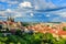 Panorama of Prague from Petrin gardens, Castle and St. Vitus cathedral visible of the left, bridges and Vltava river in the