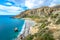 Panorama of Preveli beach at Libyan sea, river and palm forest, southern Crete.