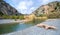 Panorama of Preveli beach at Libyan sea, river and palm forest, southern Crete.