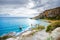 Panorama of Preveli beach at Libyan sea, river and palm forest, southern Crete.