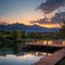 Panorama Puffy clouds at sunset Four wooden lounge chairs facing the reflective Oquirrh Lake at Daybreak, Utah. Wooden