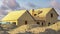 Panorama Puffy clouds at sunset Unfinished large house with wood and cork wall insulation at Day