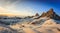 Panorama of Ra Gusela peak in front of mount Averau and Nuvolau, in Passo Giau, high alpine pass near Cortina d`Ampezzo, Dolomite