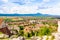 Panorama of Rasnov  town as seen from the walls of the citadel in Rasnov, Brasov County, Transylvania, Romania