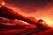 Panorama of a Red Cargo Train Moving on Snow Covered Rails in a Spectacular Backdrop of the Sunset\\\'s Glorious. AI