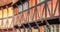 Panorama of a red half timbered house in the old town of Aarhus