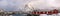 Panorama of Red house snowy with snow mountain on harbor at arctic coastline