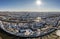 Panorama of Regensburg city in Bavaria with the river Danube the cathedral and the stone bridge in winter with ice and snow at sun