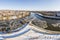 Panorama of Regensburg city in Bavaria with river Regen flowing into Danube in winter with ice snow and snow floes on water, Germa