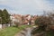 Panorama of Resnik district, with the river topciderska reka passing by a typical suburban settlement with individual residential