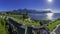 Panorama of a resort overlooking Hanalei Bay and the Na Pali coast Princeville Kauai Hawaii USA