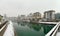 Panorama of the River Drau crossing the town of Villach in Austria in a winter day