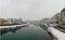 Panorama of the River Drau crossing the town of Villach in Austria in a winter day