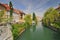 Panorama of river Ljubljanica and colorful buildings in Ljubljanas old town center, Slovenia